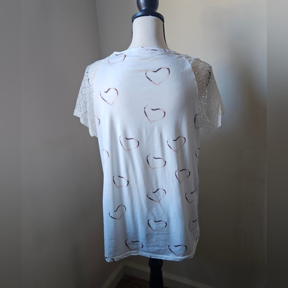 Heart Printed nwot Lace Short Sleeve Casual T-shirt size large white - Picture 4 of 9